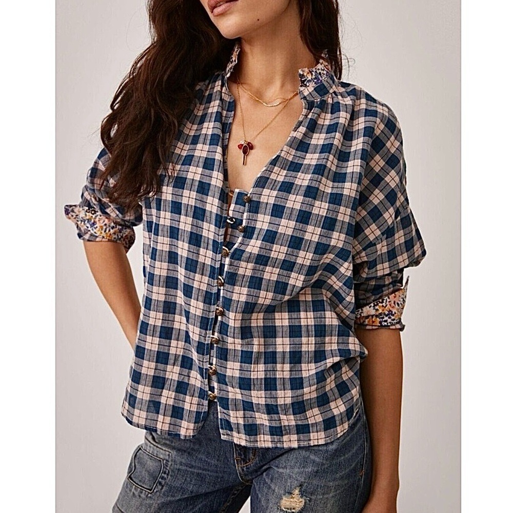 Anthropologie PILCRO Plaid Button Shirt M Floral Boho Cottage Festival Peasant - Picture 6 of 14